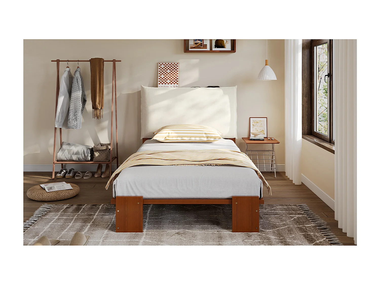 Lit simple 90x200 cm en bois - Tête de lit avec fermeture velcro - Couleur bois foncé