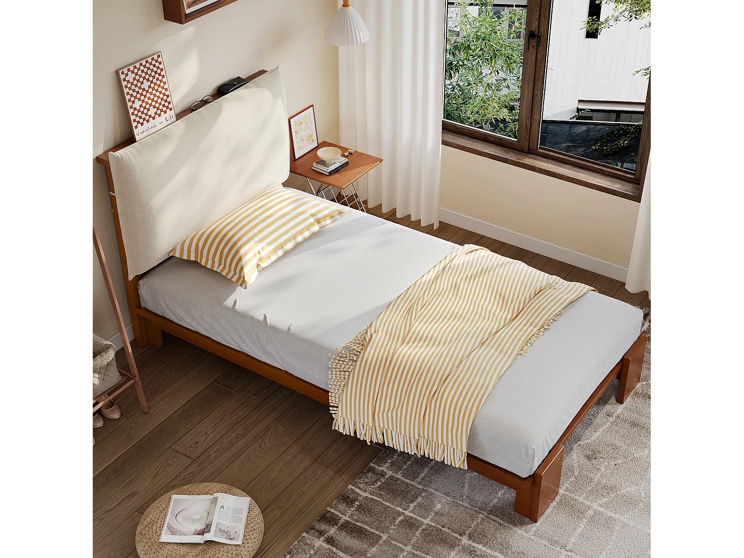 Lit simple 90x200 cm en bois - Tête de lit avec fermeture velcro - Couleur bois foncé