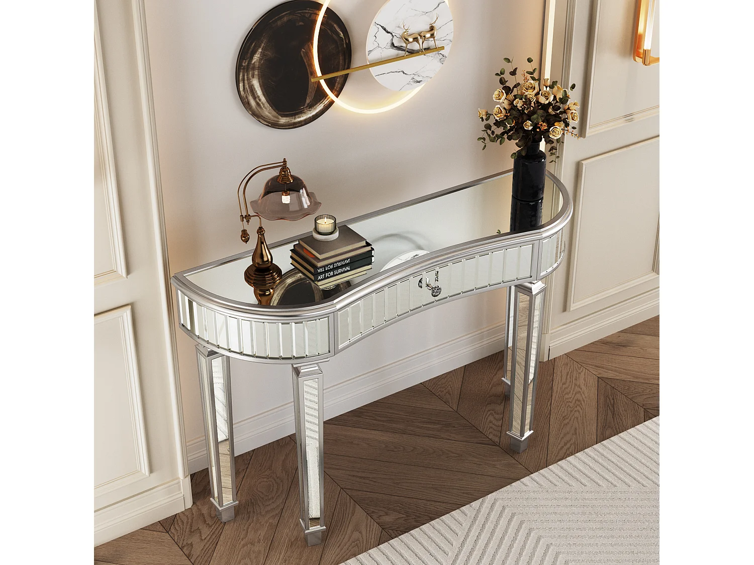 Consola con cajón - Cristal acabado plata y gris - Para dormitorio, vestidor y salón