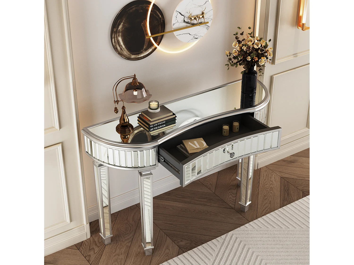 Consola con cajón - Cristal acabado plata y gris - Para dormitorio, vestidor y salón
