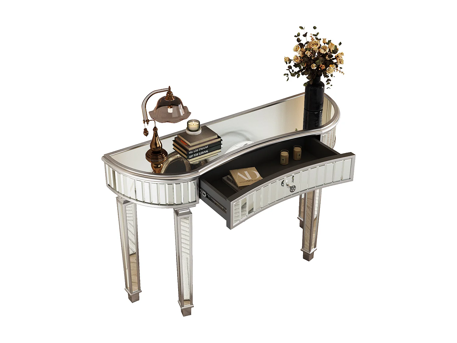 Consola con cajón - Cristal acabado plata y gris - Para dormitorio, vestidor y salón