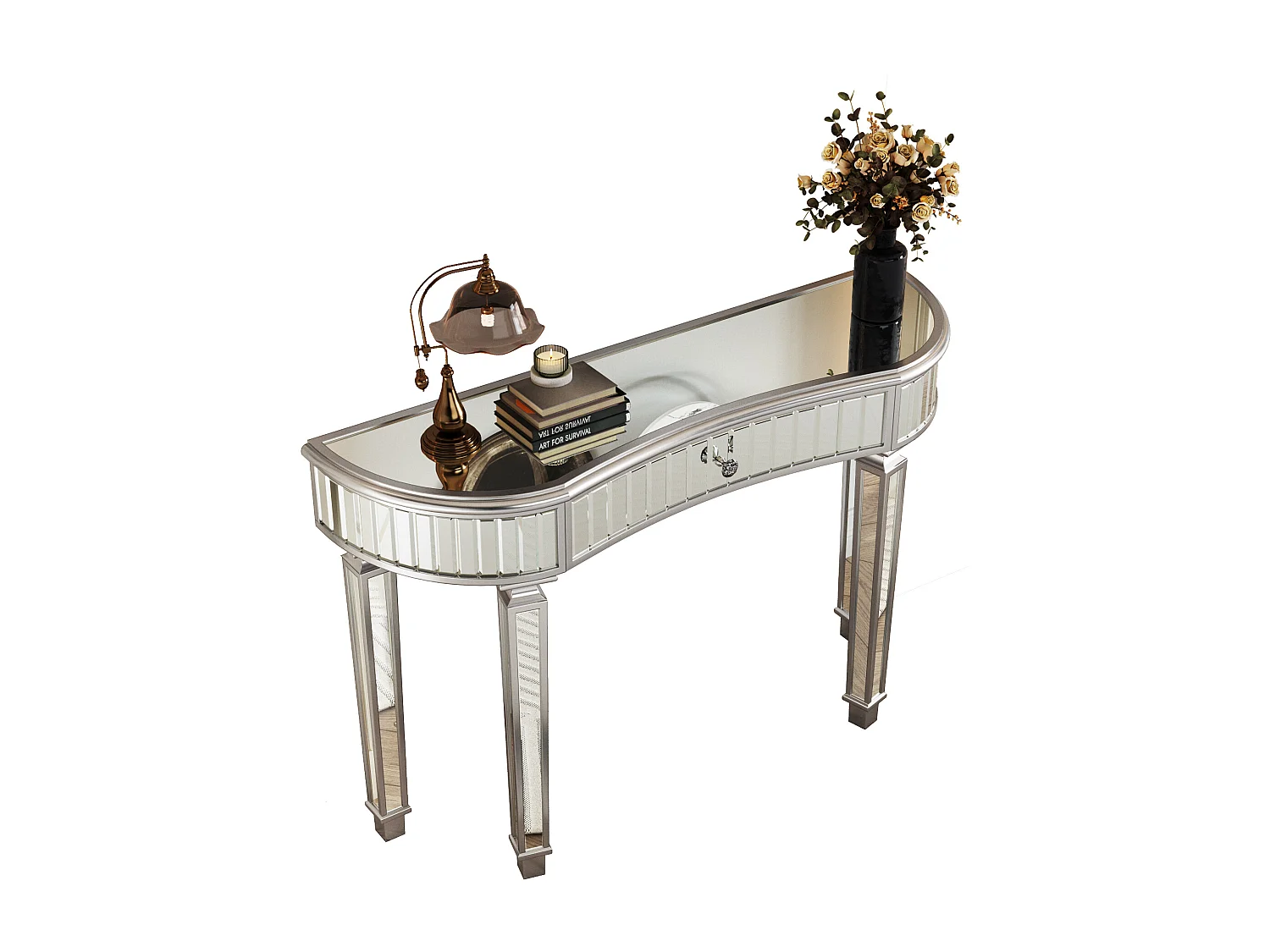Consola con cajón - Cristal acabado plata y gris - Para dormitorio, vestidor y salón