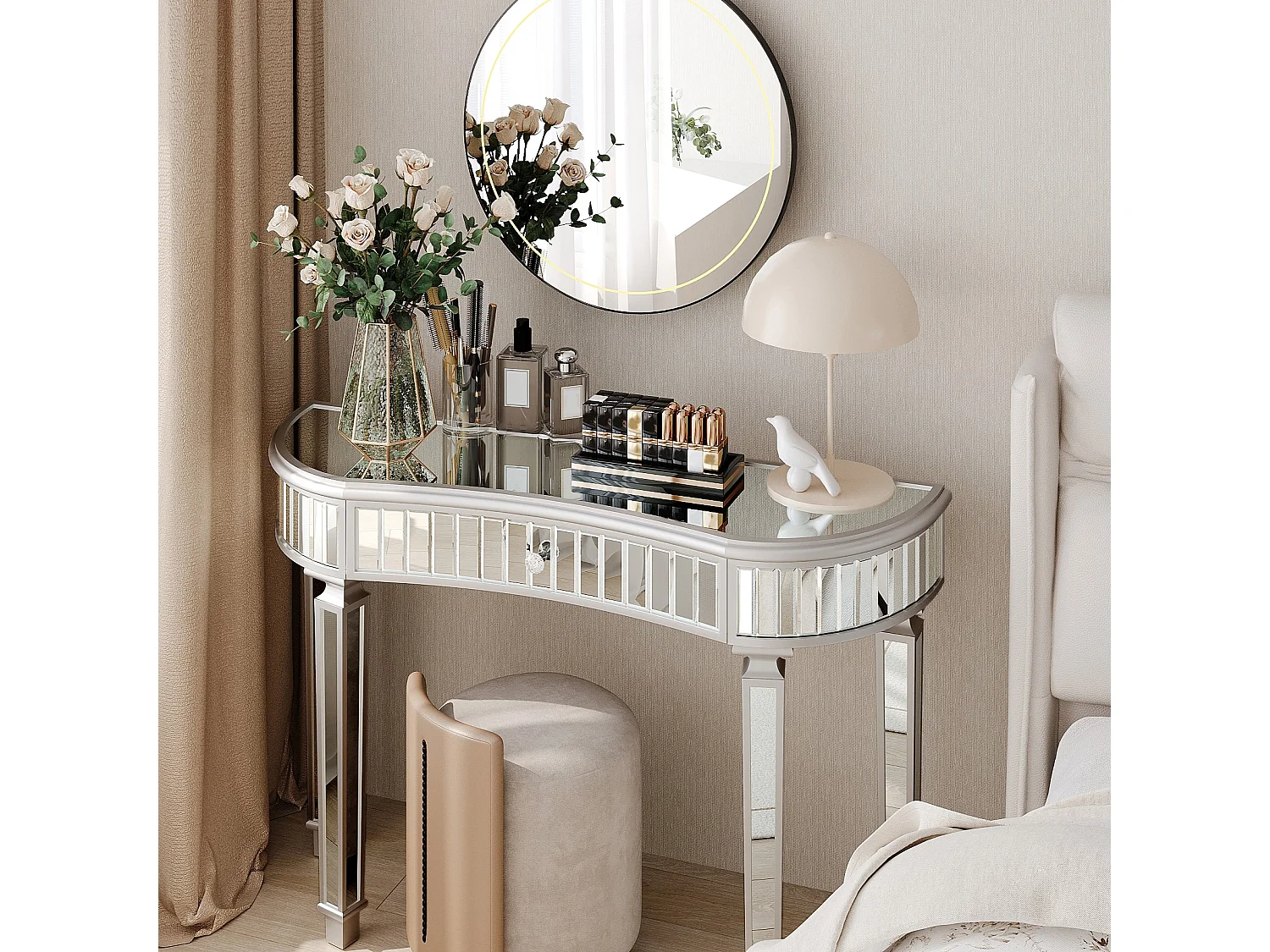 Consola con cajón - Cristal acabado plata y gris - Para dormitorio, vestidor y salón