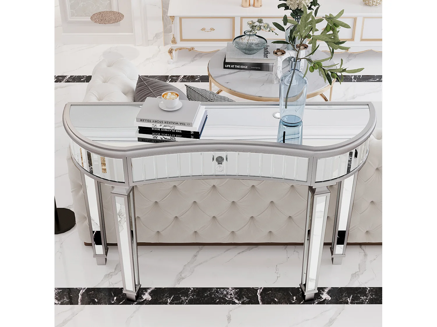 Consola con cajón - Cristal acabado plata y gris - Para dormitorio, vestidor y salón