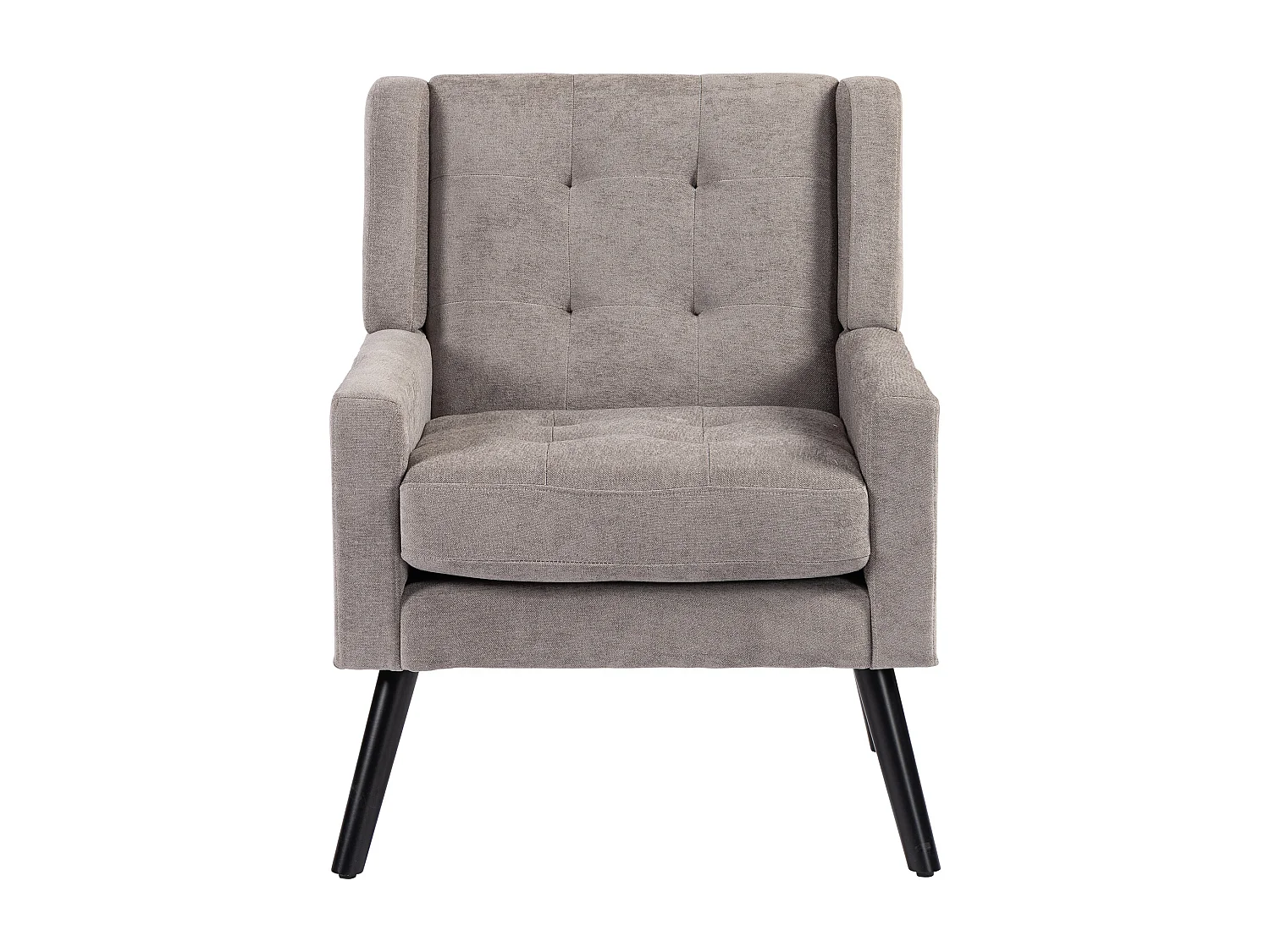 Fauteuil in lichtgrijze linnen stof met houten poten.