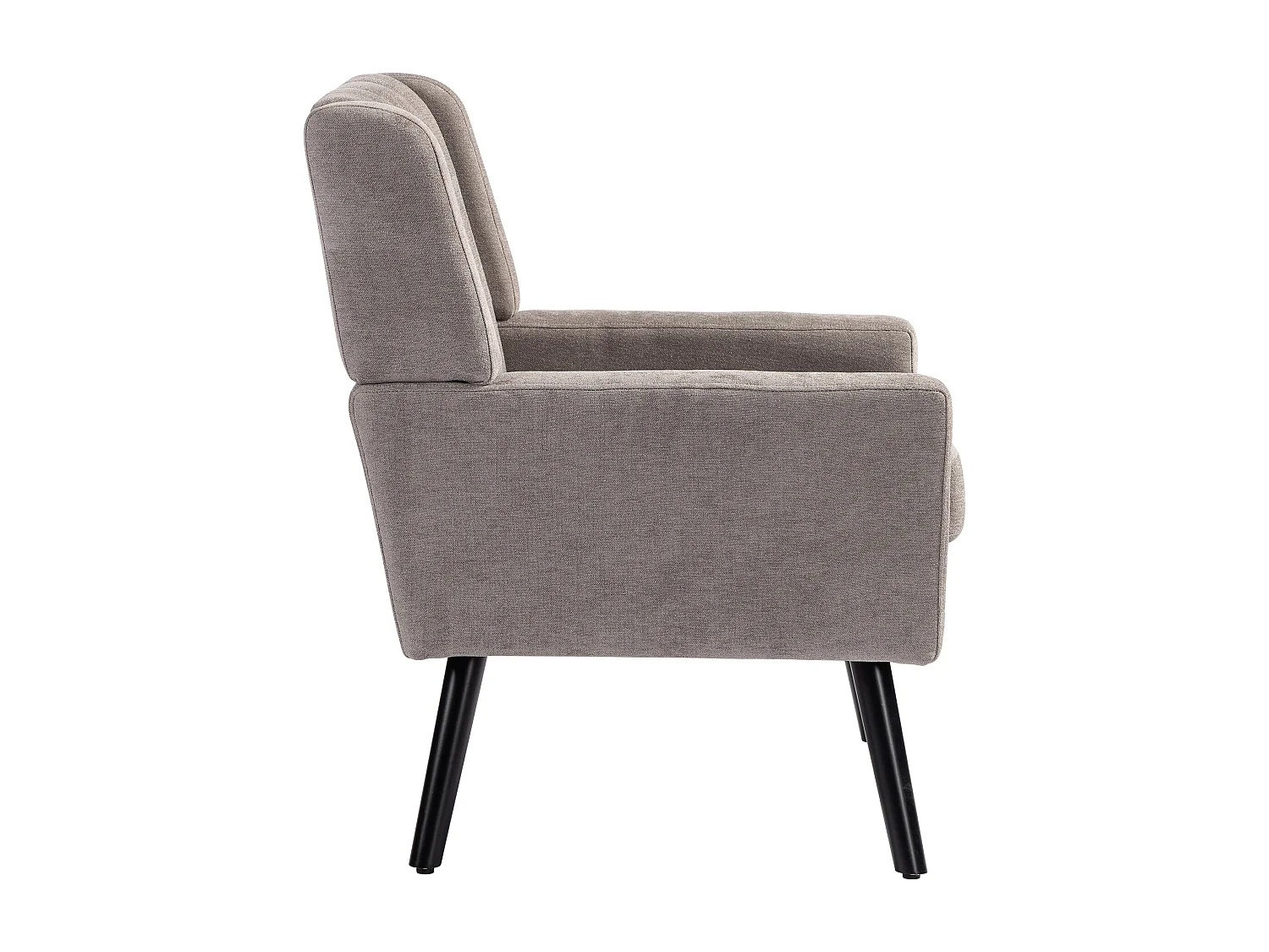 Fauteuil in lichtgrijze linnen stof met houten poten.