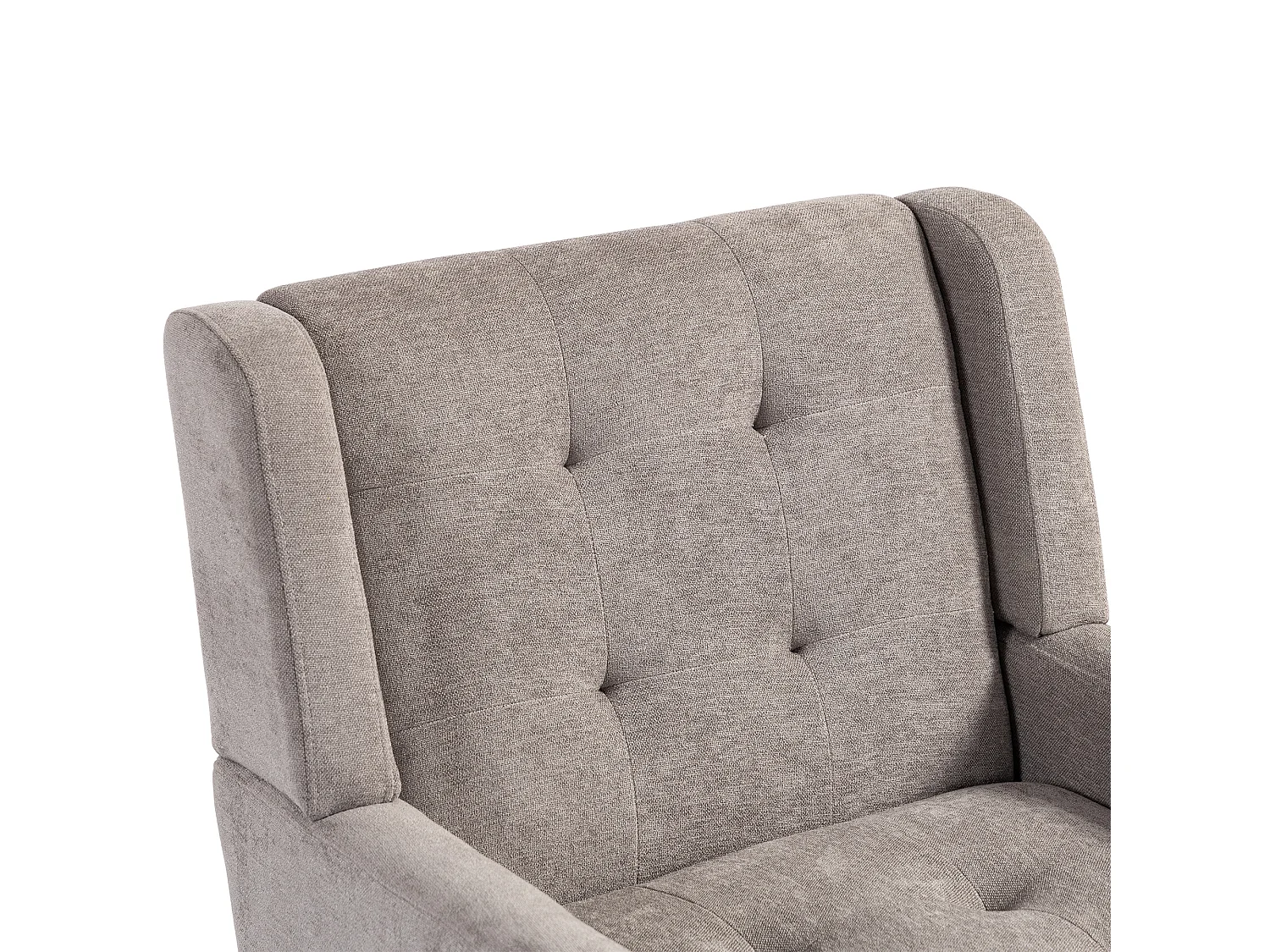 Fauteuil in lichtgrijze linnen stof met houten poten.