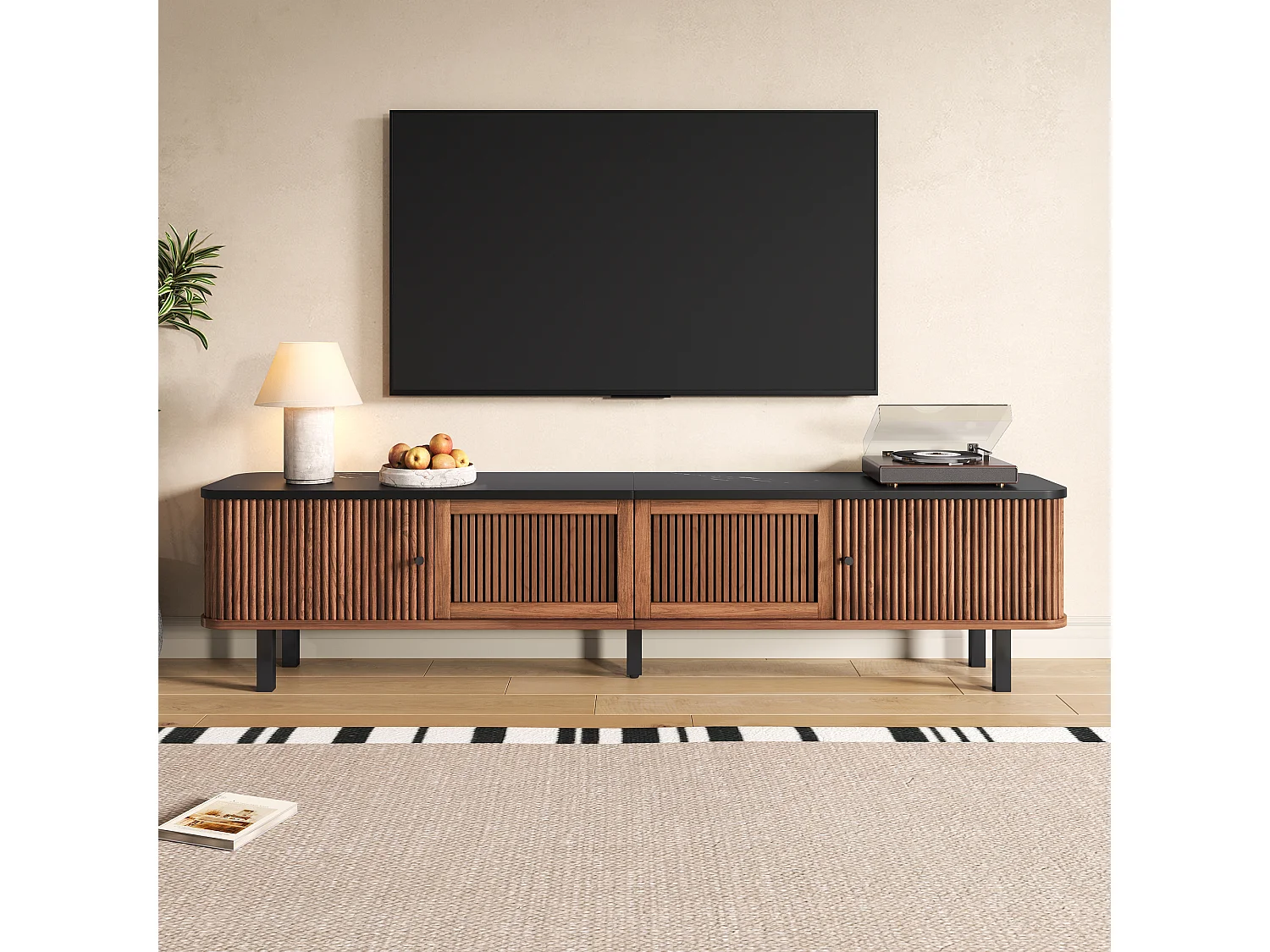 Meuble TV 190x35x45 cm avec 2 portes coulissantes et 2 portes grille - Couleur bois foncé et noir
