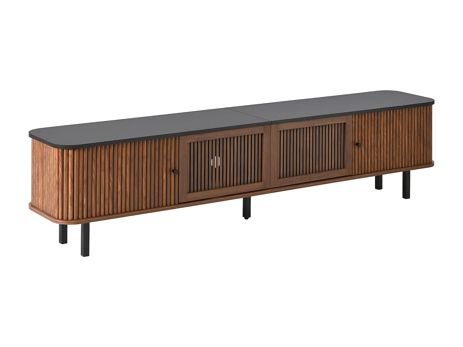 Meuble TV 190x35x45 cm avec 2 portes coulissantes et 2 portes grille - Couleur bois foncé et noir