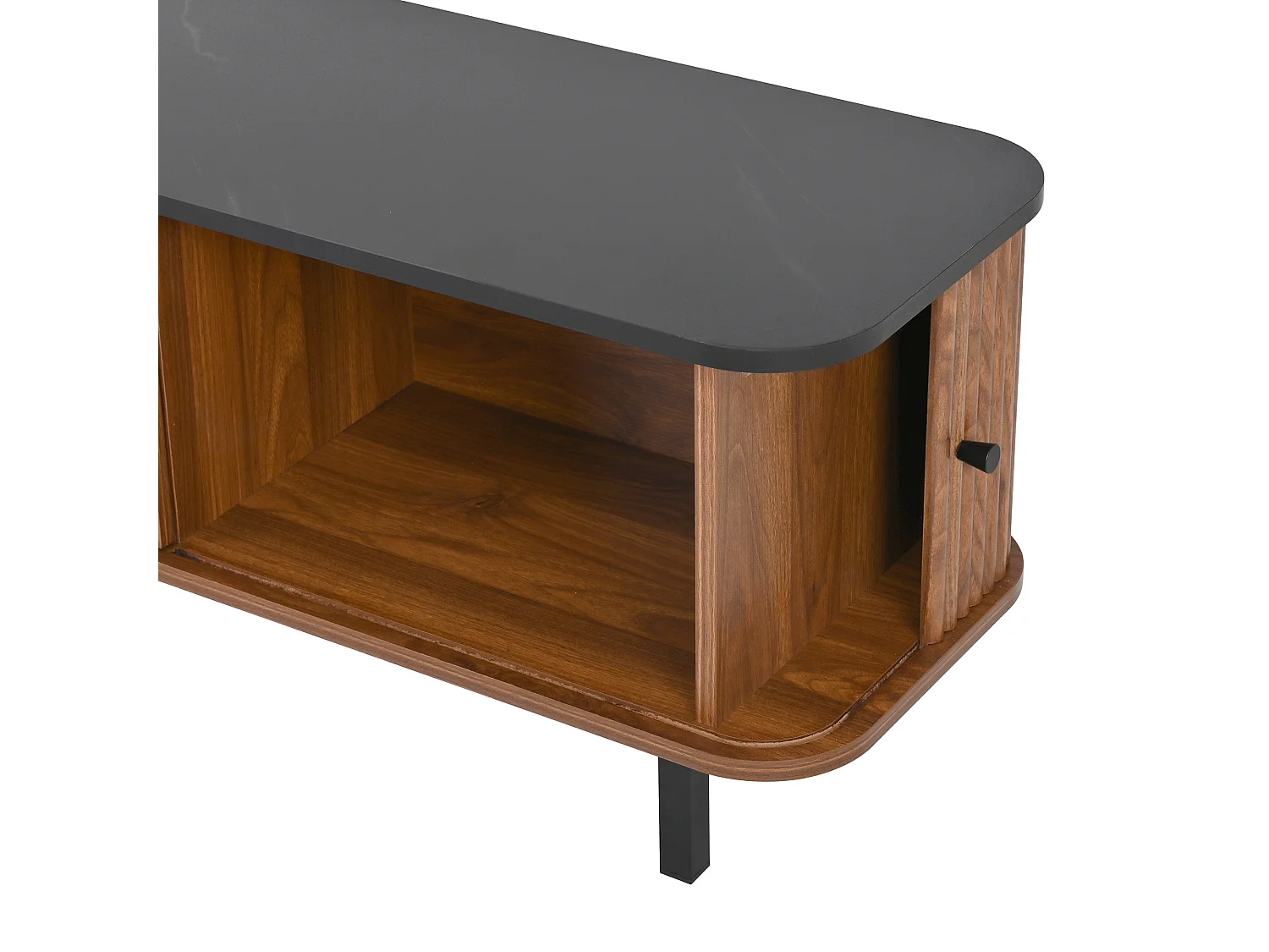 Meuble TV 190x35x45 cm avec 2 portes coulissantes et 2 portes grille - Couleur bois foncé et noir