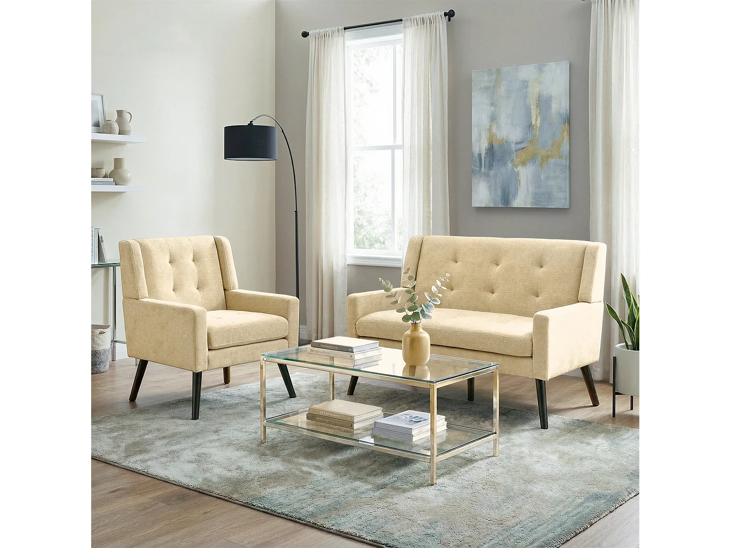 Canapé 2 places et fauteuils en tissu lin beige - Ensemble de 2 avec pieds en bois