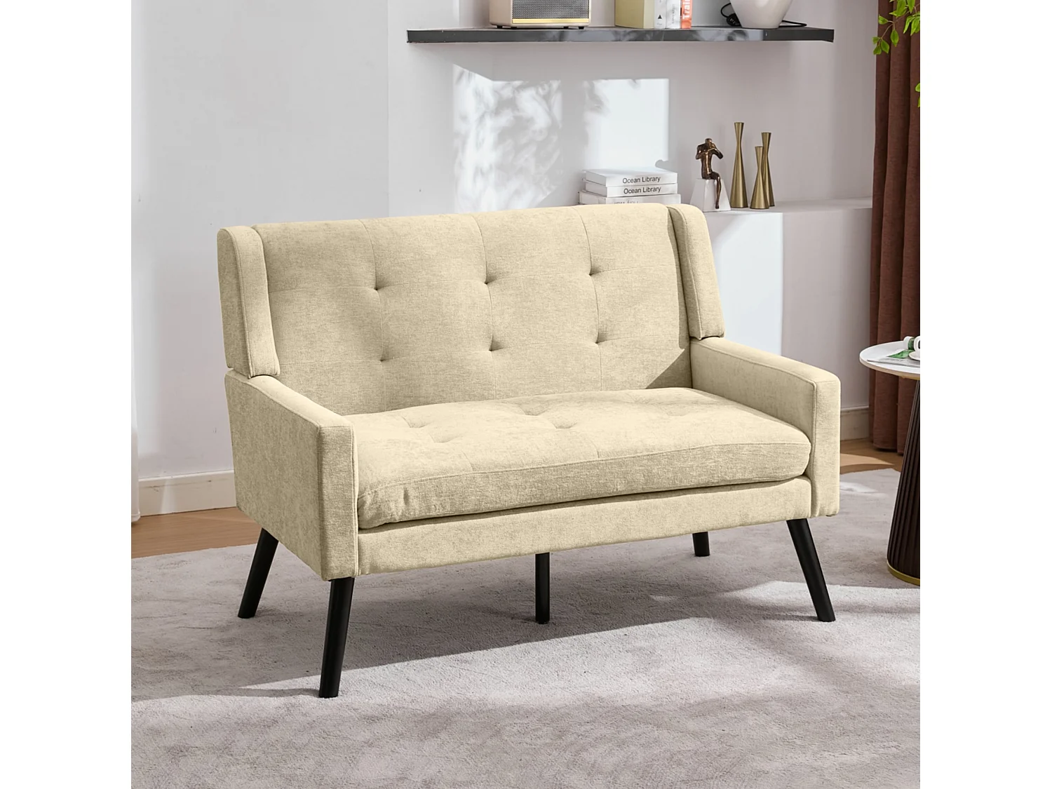 Canapé 2 places et fauteuils en tissu lin beige - Ensemble de 2 avec pieds en bois