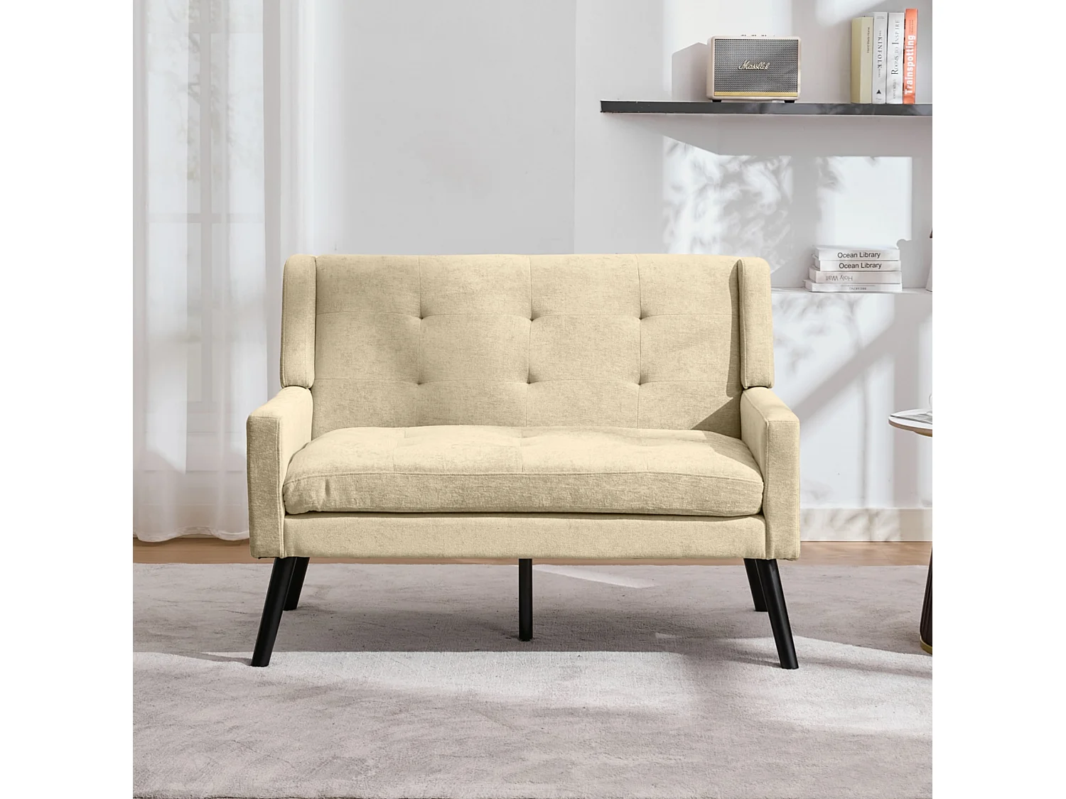 Canapé 2 places et fauteuils en tissu lin beige - Ensemble de 2 avec pieds en bois