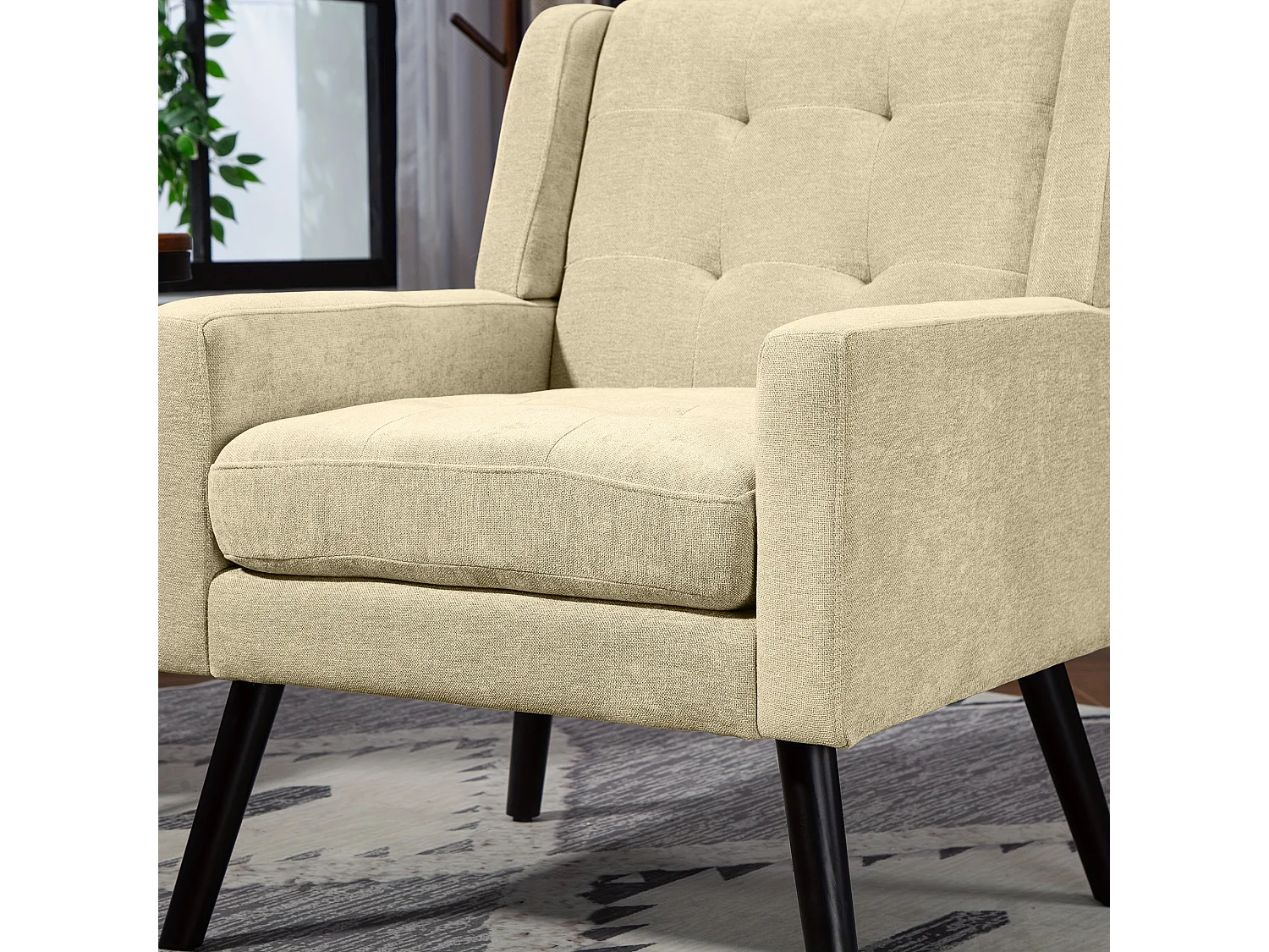 Canapé 2 places et fauteuils en tissu lin beige - Ensemble de 2 avec pieds en bois