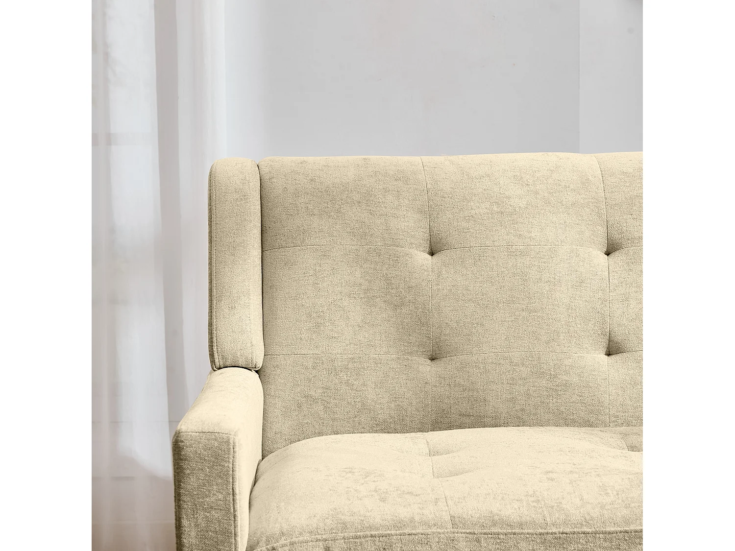 Canapé 2 places et fauteuils en tissu lin beige - Ensemble de 2 avec pieds en bois