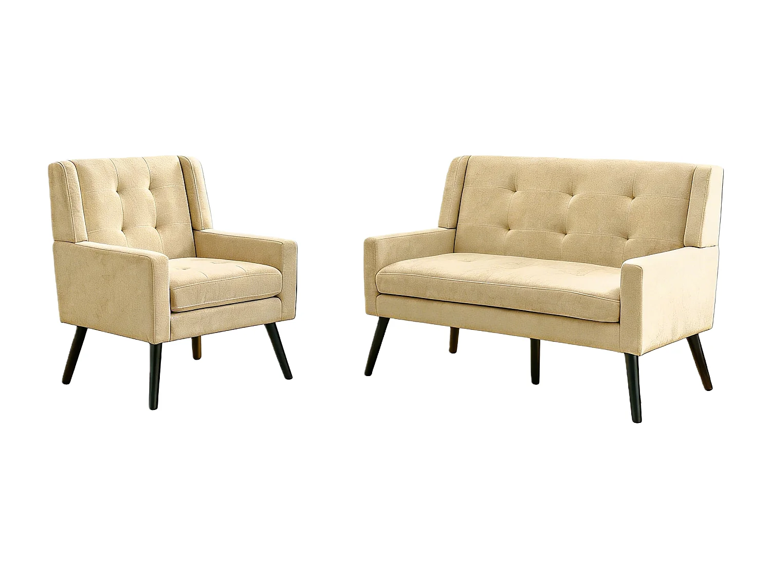 Canapé 2 places et fauteuils en tissu lin beige - Ensemble de 2 avec pieds en bois