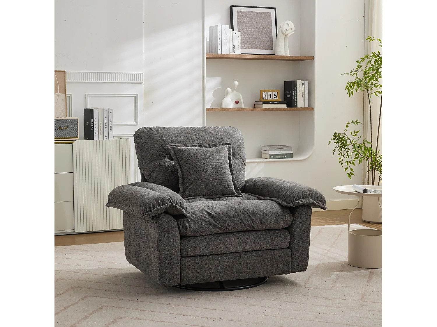 Fauteuil pivotant en tissu chenille gris avec coussin - Pour salon, chambre et bureau