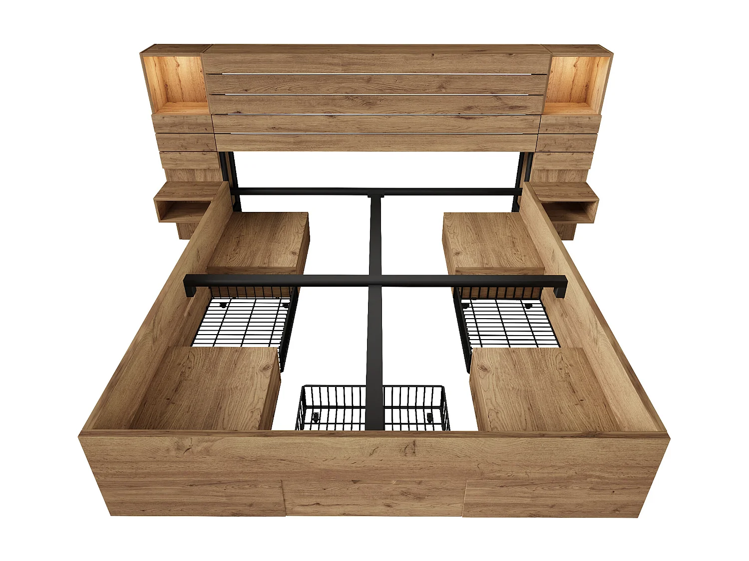 Lit double adulte 160x200 cm avec LED, 3 tiroirs, tables de chevet et ports USB/Type-C - Couleur bois