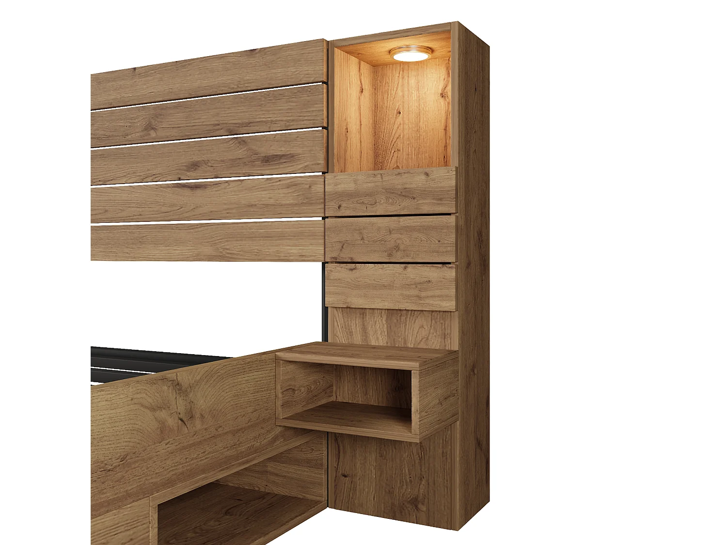 Lit double adulte 160x200 cm avec LED, 3 tiroirs, tables de chevet et ports USB/Type-C - Couleur bois