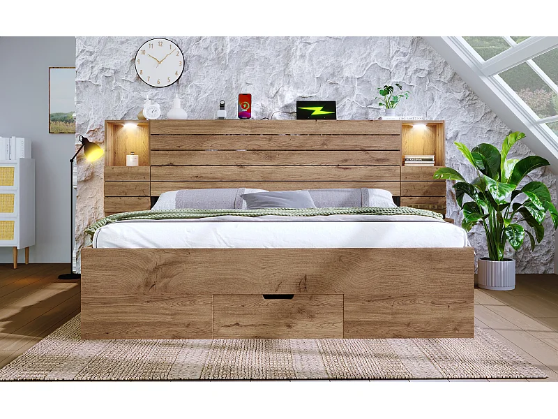 Lit double adulte 160x200 cm avec LED, 3 tiroirs, tables de chevet et ports USB/Type-C - Couleur bois