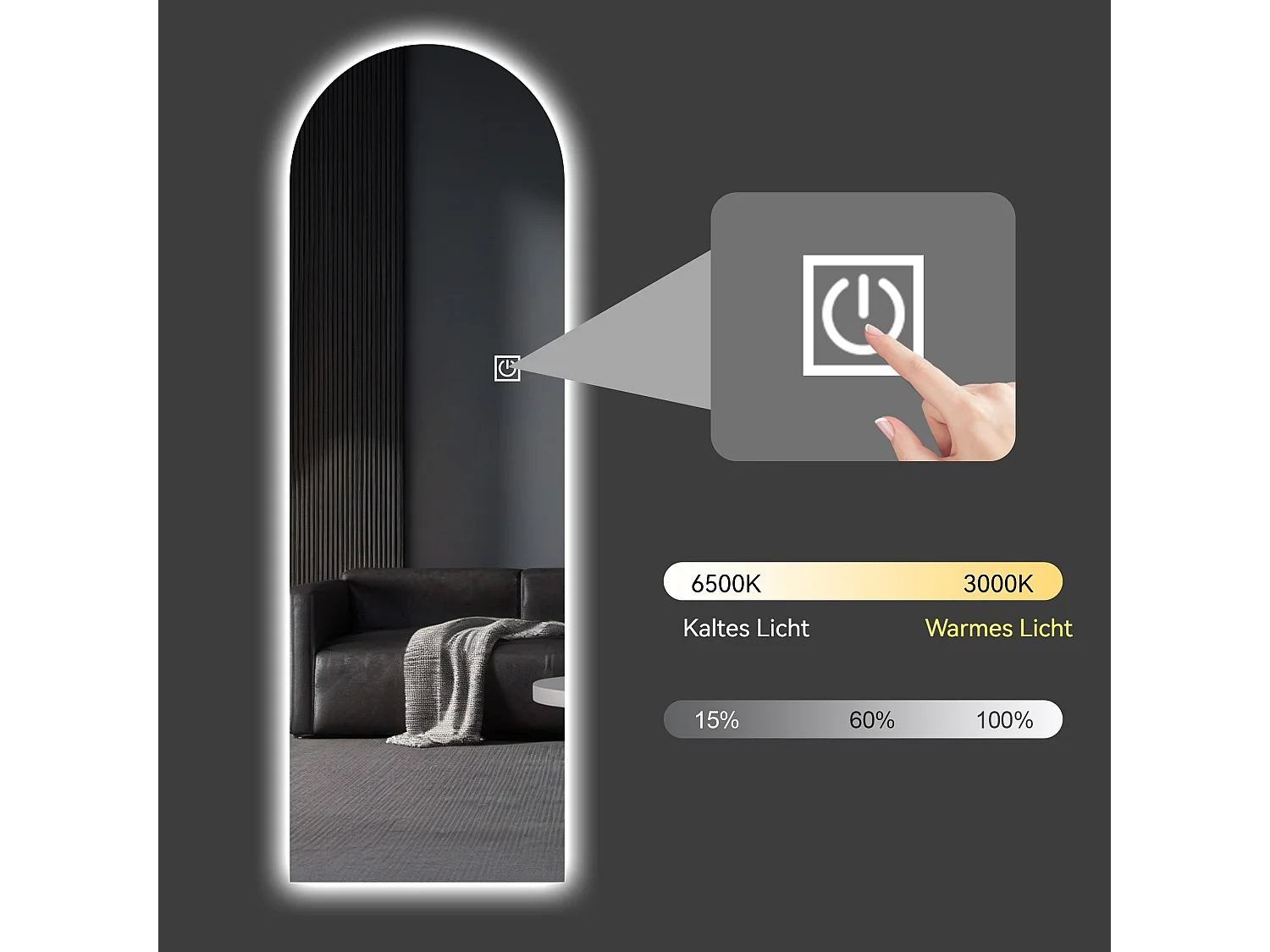 Espelho de mesa ou de parede com LED, 165x50 cm, com brilho ajustável - Vidro prateado