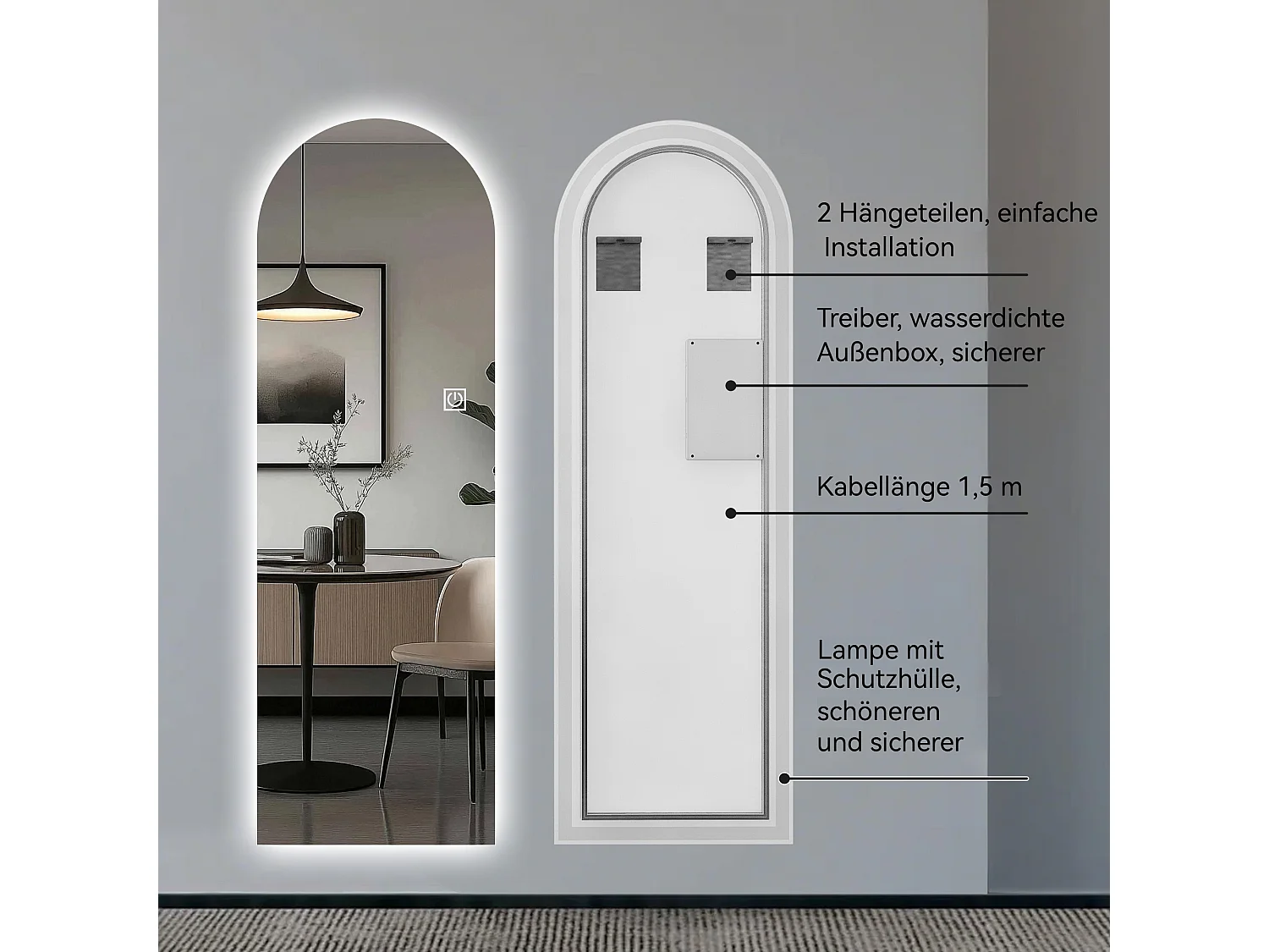 Espelho de mesa ou de parede com LED, 165x50 cm, com brilho ajustável - Vidro prateado