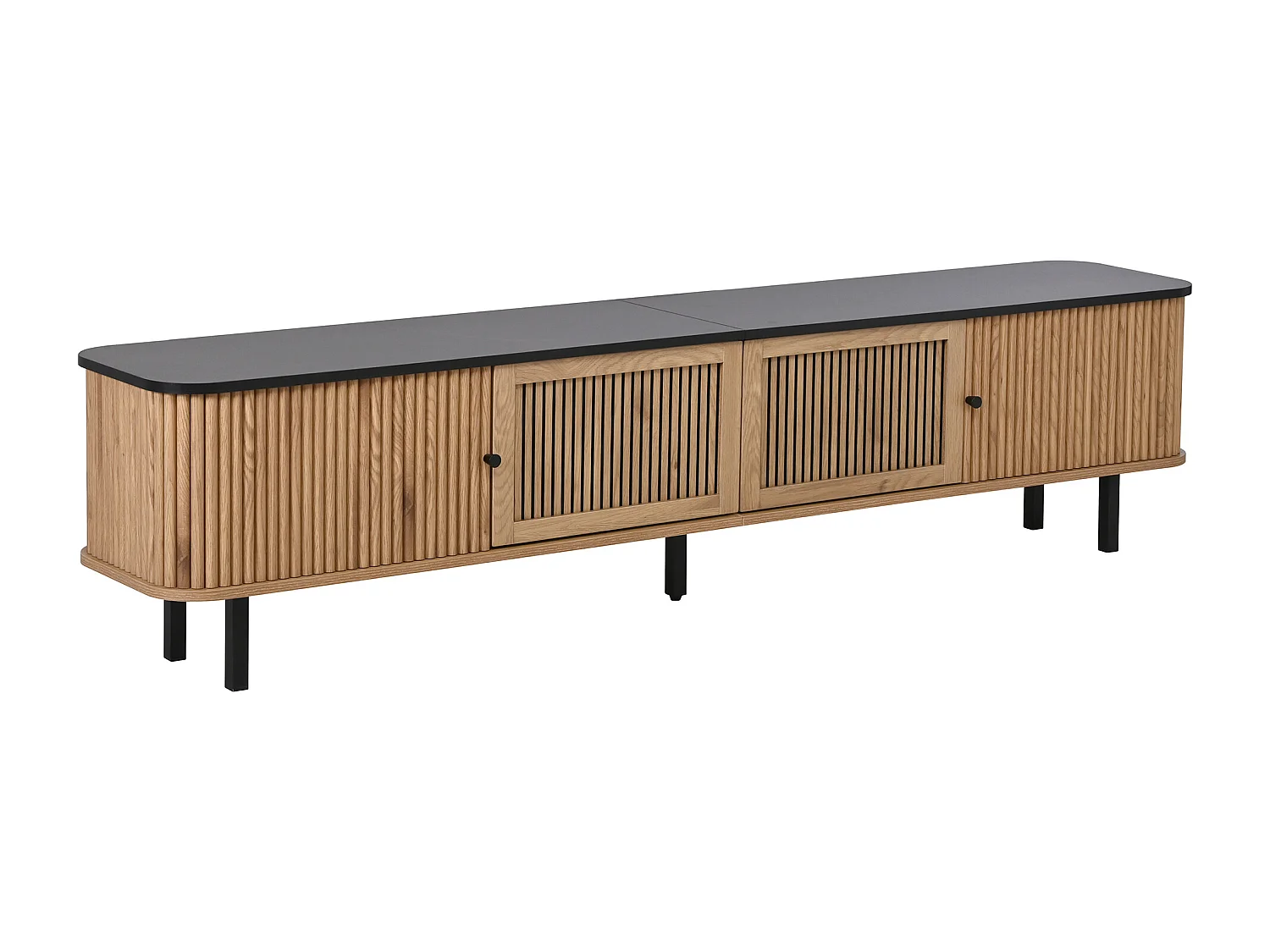 Meuble TV 190x35x45 cm avec 2 portes coulissantes et 2 portes grille - Couleur bois et noir