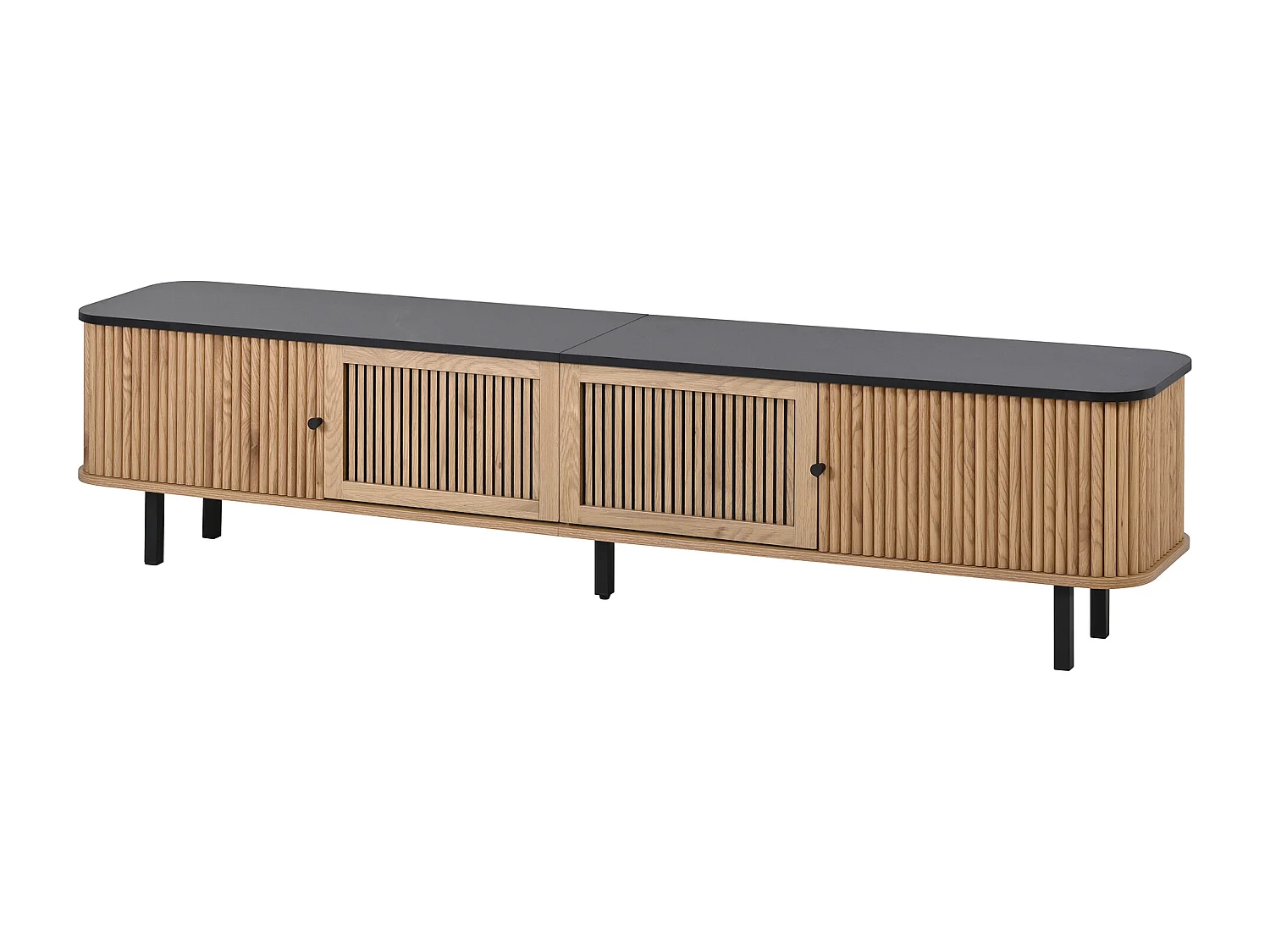 Meuble TV 190x35x45 cm avec 2 portes coulissantes et 2 portes grille - Couleur bois et noir