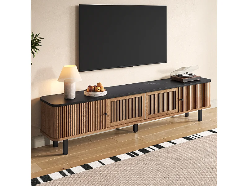 Meuble TV 190x35x45 cm avec 2 portes coulissantes et 2 portes grille - Couleur bois et noir