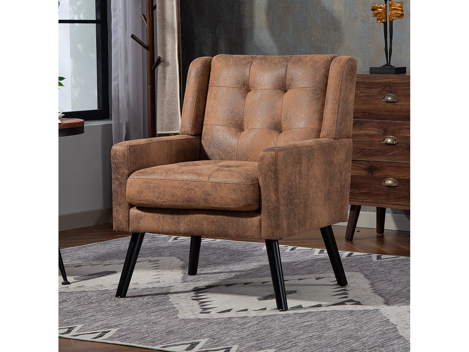 Fauteuil en tissu suédine couleur café - Pieds en bois noirs