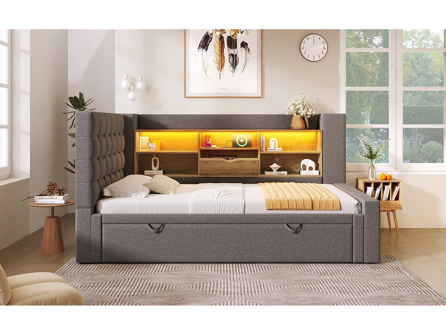 Lit banquette enfant 90x190/200 cm extensible 180x200 cm avec LED, ports USB - Lin gris