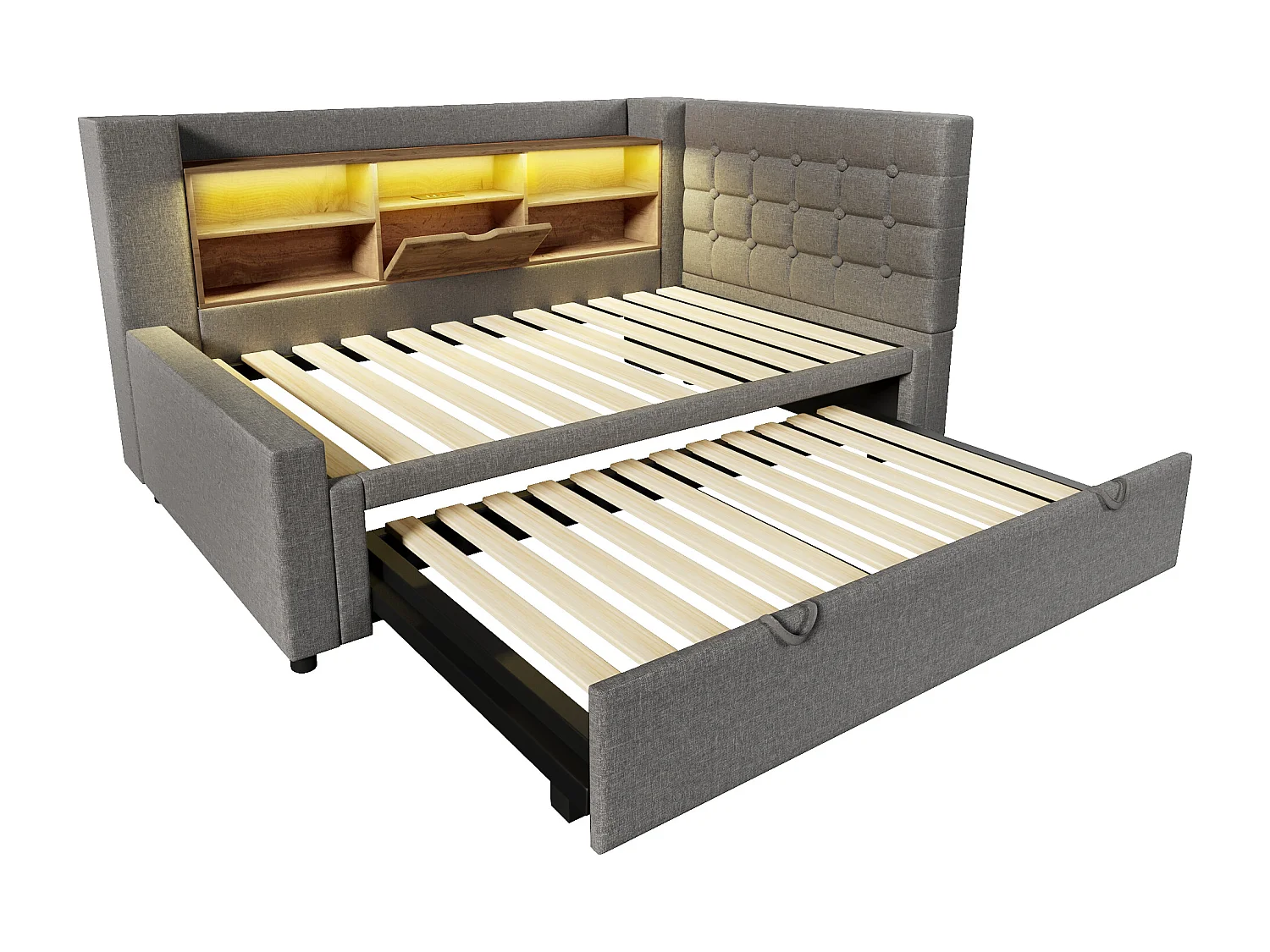 Lit banquette enfant 90x190/200 cm extensible 180x200 cm avec LED, ports USB - Lin gris