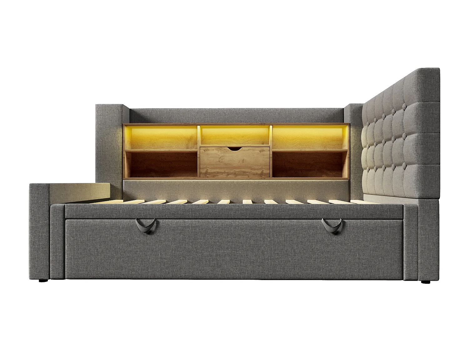 Lit banquette enfant 90x190/200 cm extensible 180x200 cm avec LED, ports USB - Lin gris