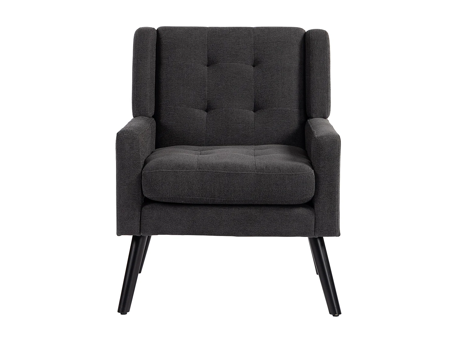 Fauteuil in donkergrijze linnen stof met houten poten.