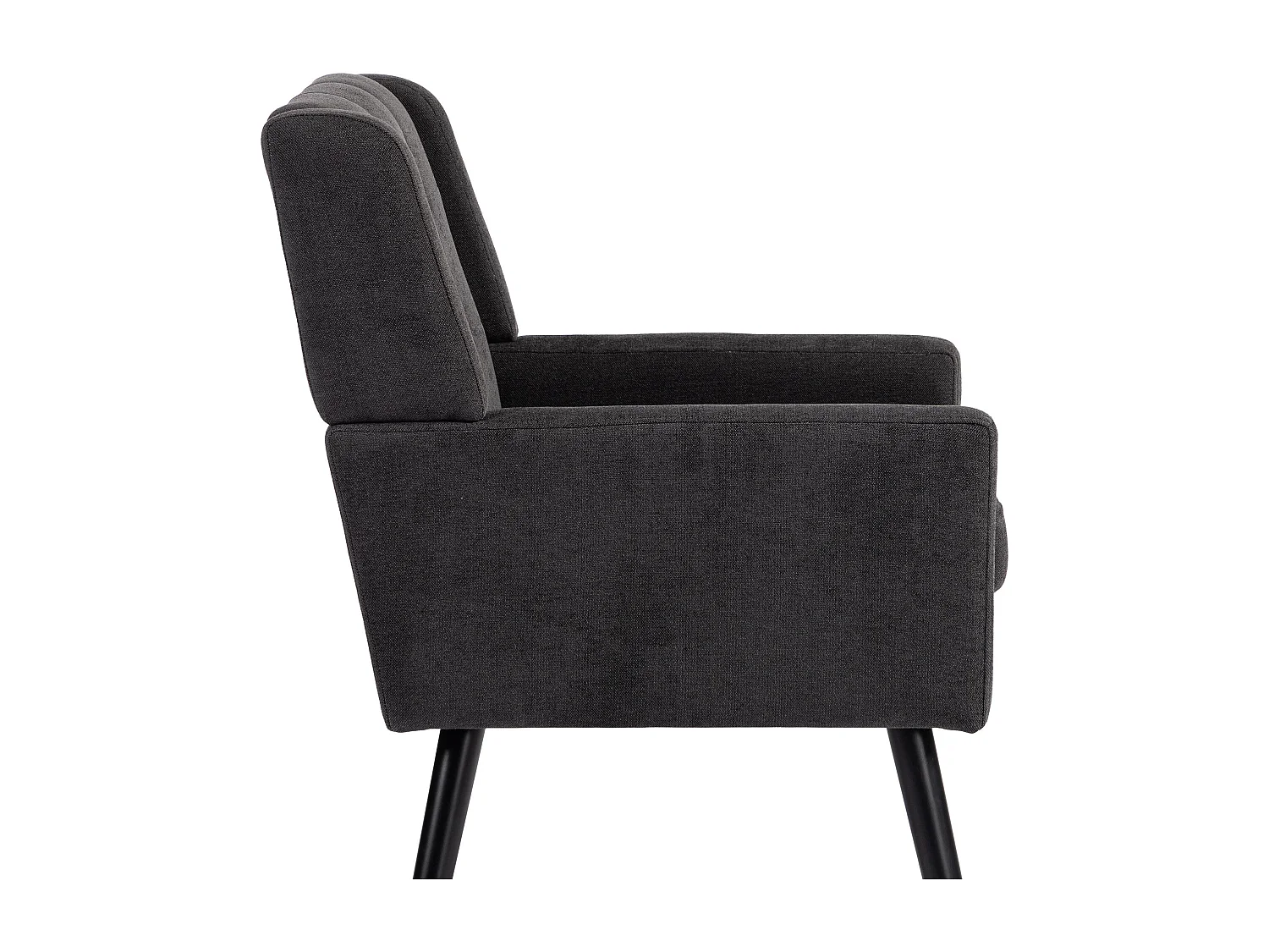 Fauteuil in donkergrijze linnen stof met houten poten.