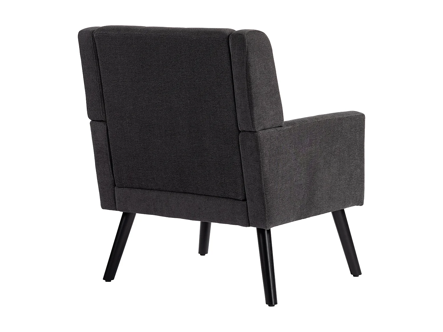 Fauteuil in donkergrijze linnen stof met houten poten.