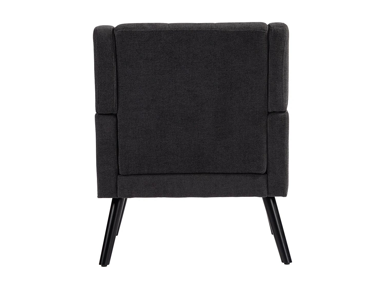 Fauteuil in donkergrijze linnen stof met houten poten.