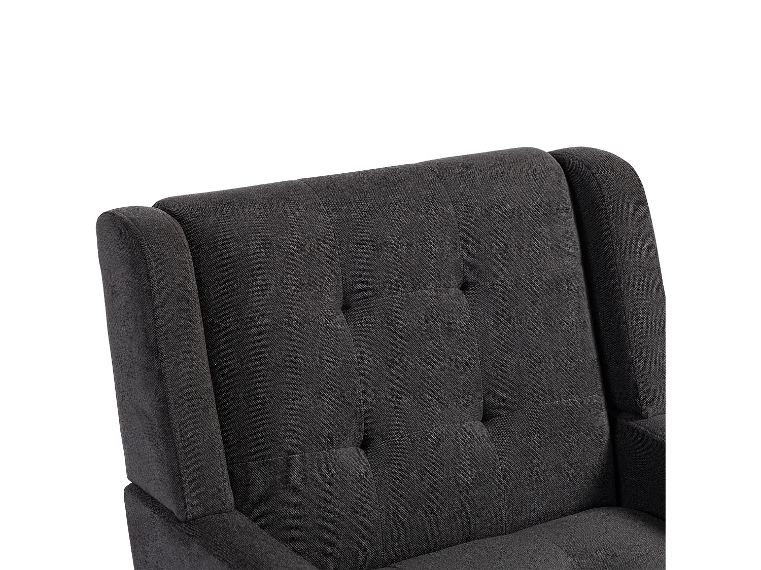 Fauteuil in donkergrijze linnen stof met houten poten.