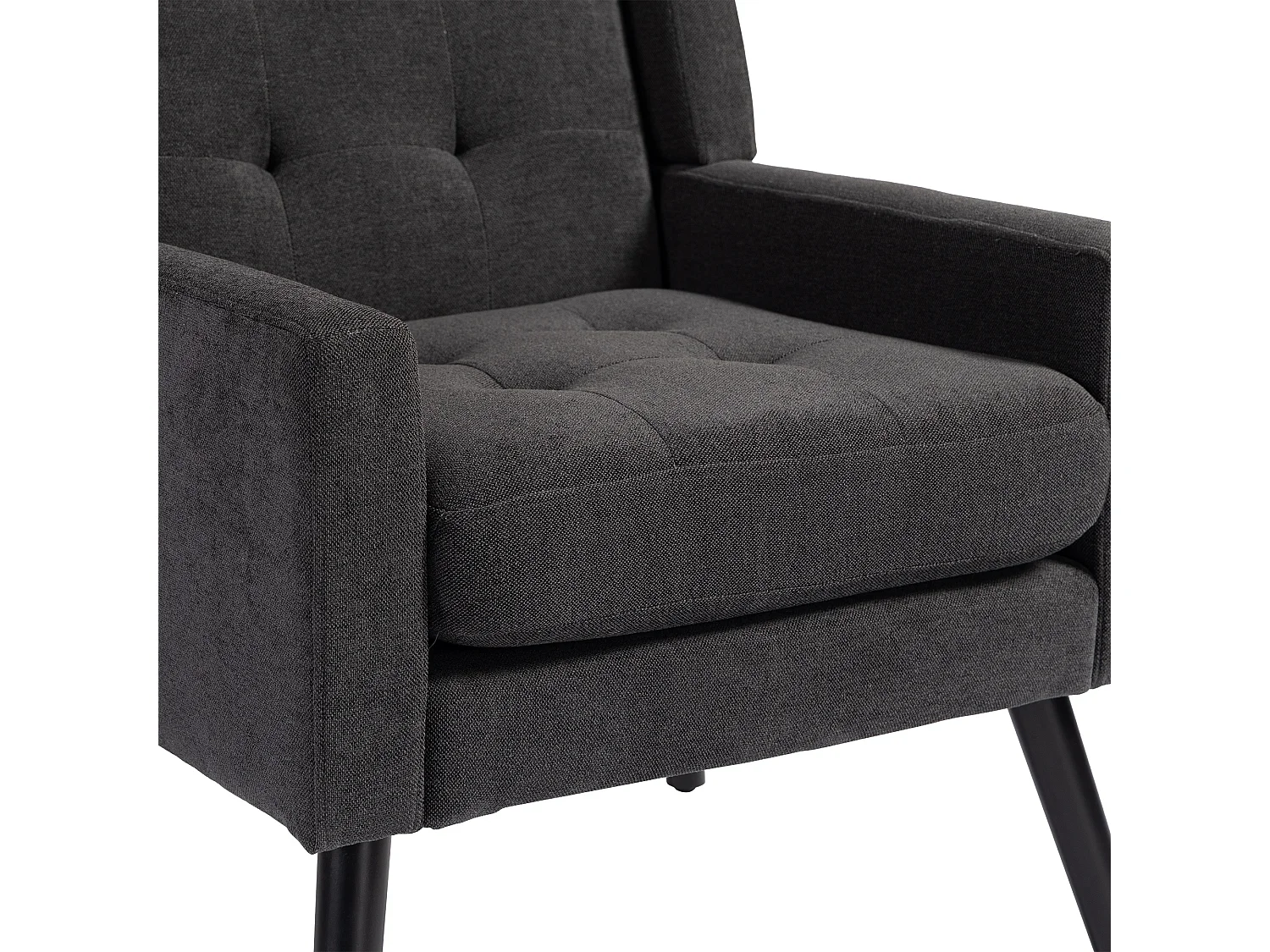 Fauteuil in donkergrijze linnen stof met houten poten.