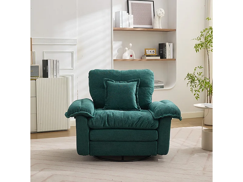 Fauteuil pivotant en tissu chenille vert avec coussin - Pour salon, chambre et bureau