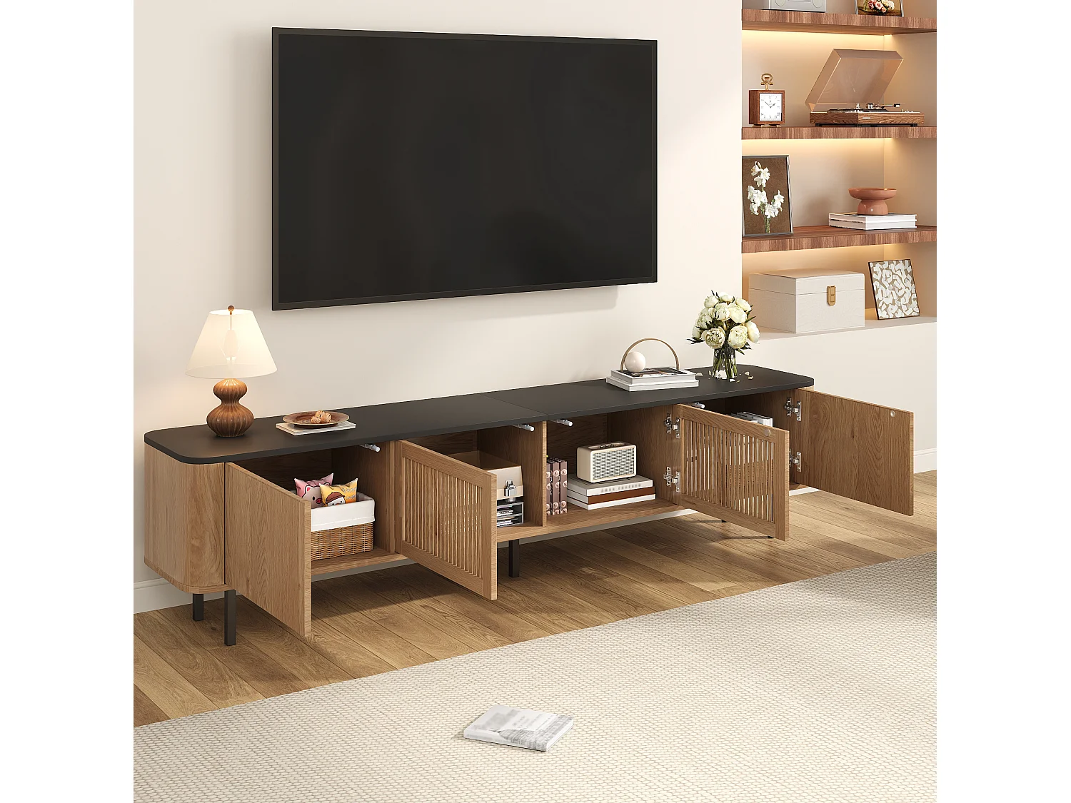 Meuble TV avec 4 portes 190 x 35 x 45 cm - Plateau en noir - Couleur bois clair