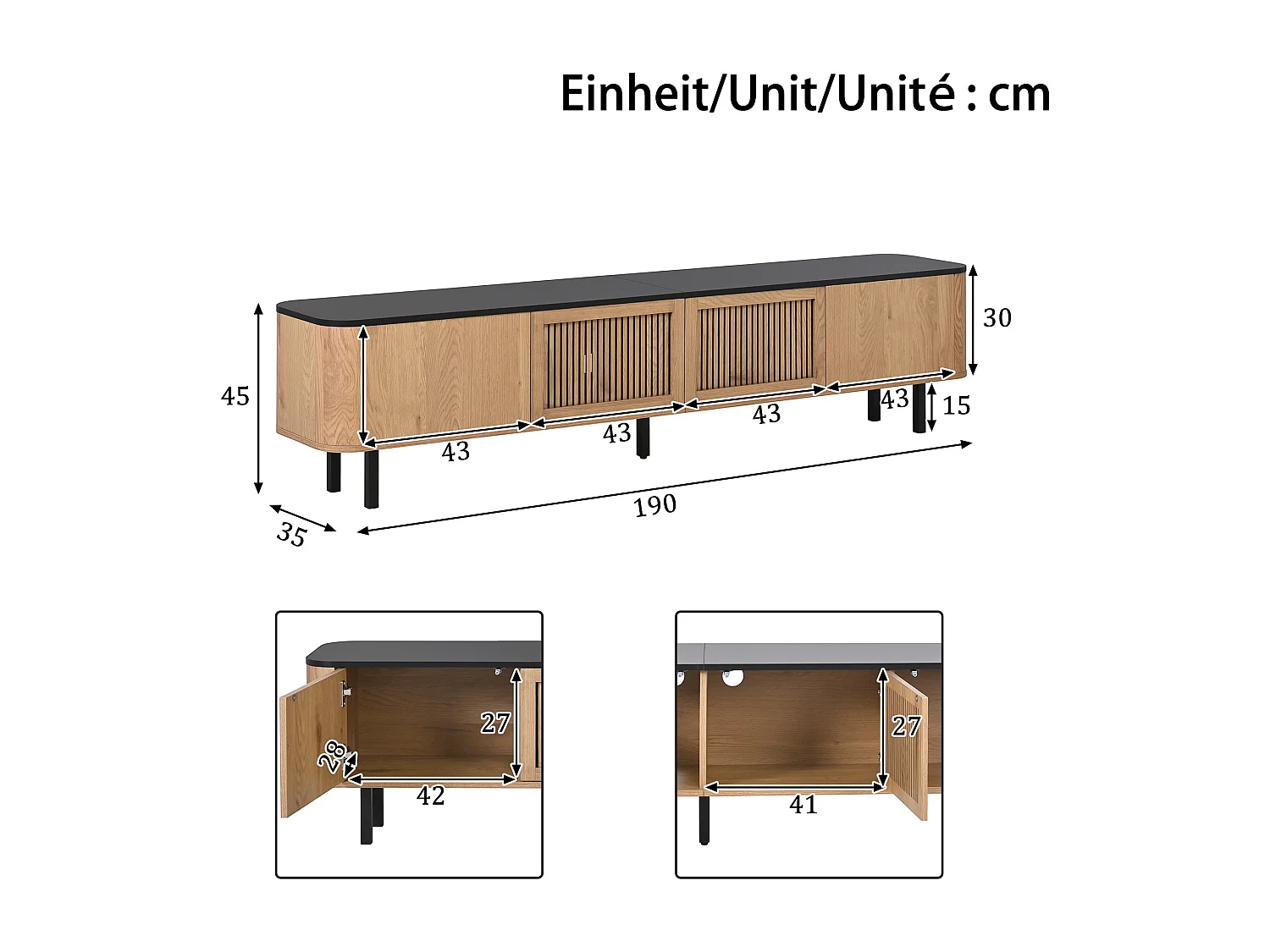 Meuble TV avec 4 portes 190 x 35 x 45 cm - Plateau en noir - Couleur bois clair