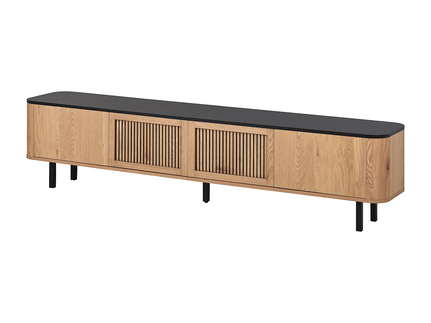 Meuble TV avec 4 portes 190 x 35 x 45 cm - Plateau en noir - Couleur bois clair