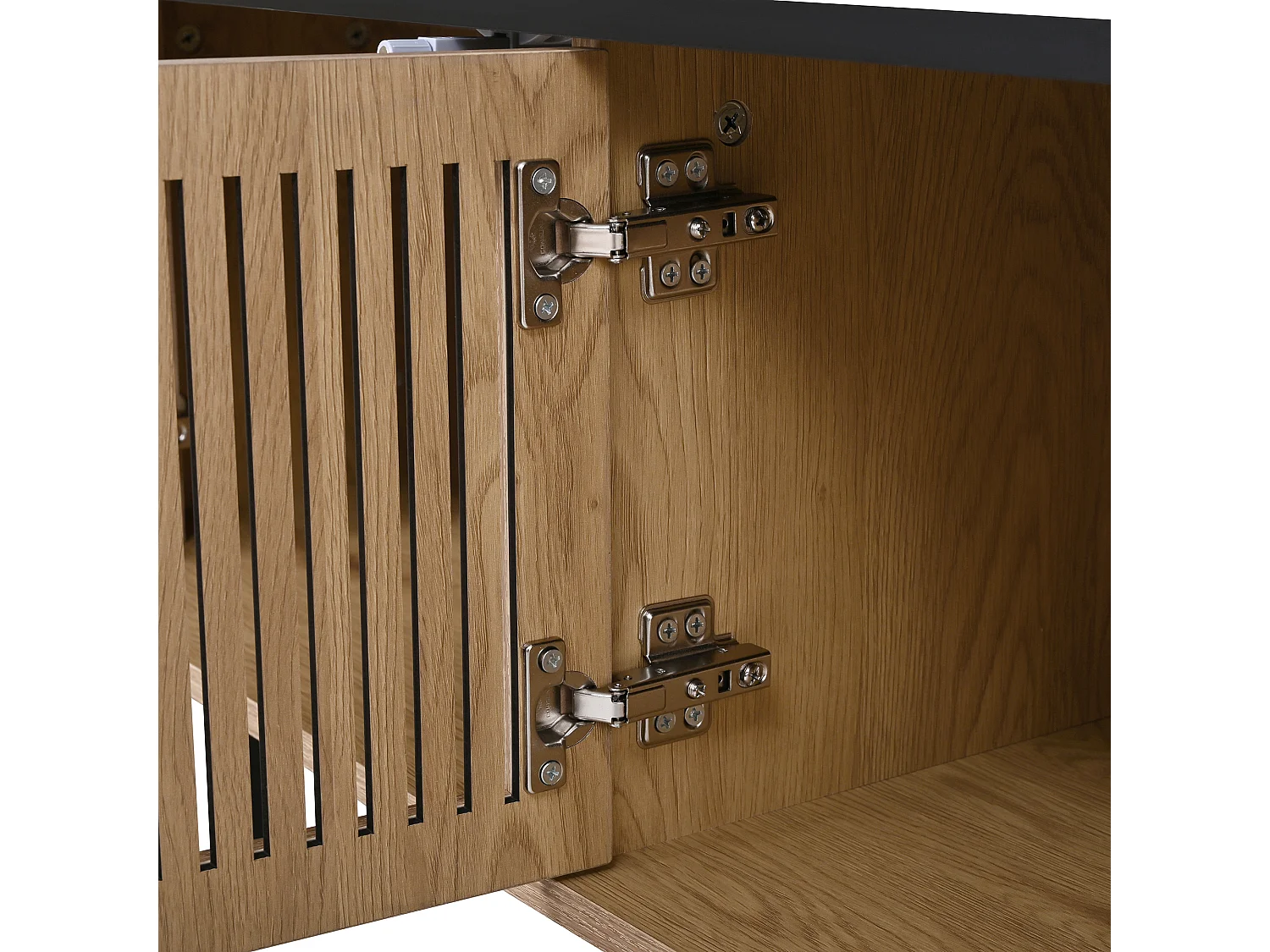 Meuble TV avec 4 portes 190 x 35 x 45 cm - Plateau en noir - Couleur bois clair