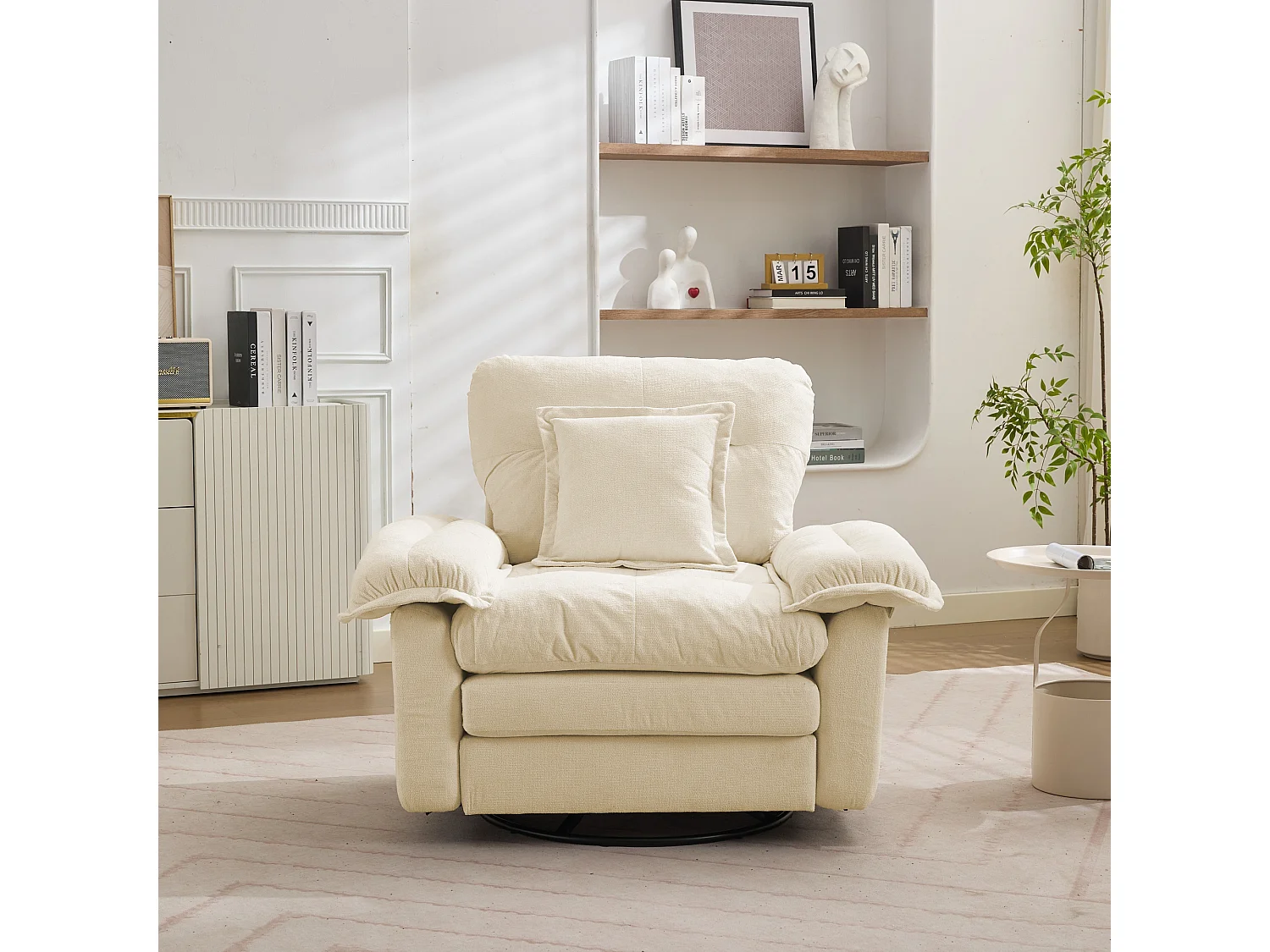 Fauteuil pivotant en tissu chenille beige avec coussin - Pour salon, chambre et bureau