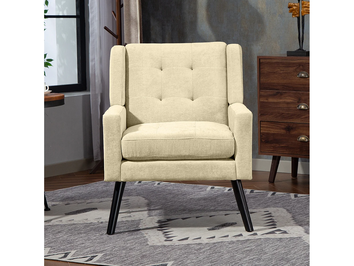 Fauteuil en tissu lin beige avec pieds en bois