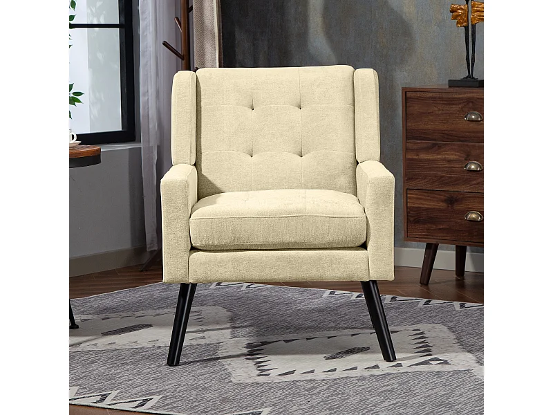 Fauteuil en tissu lin beige avec pieds en bois