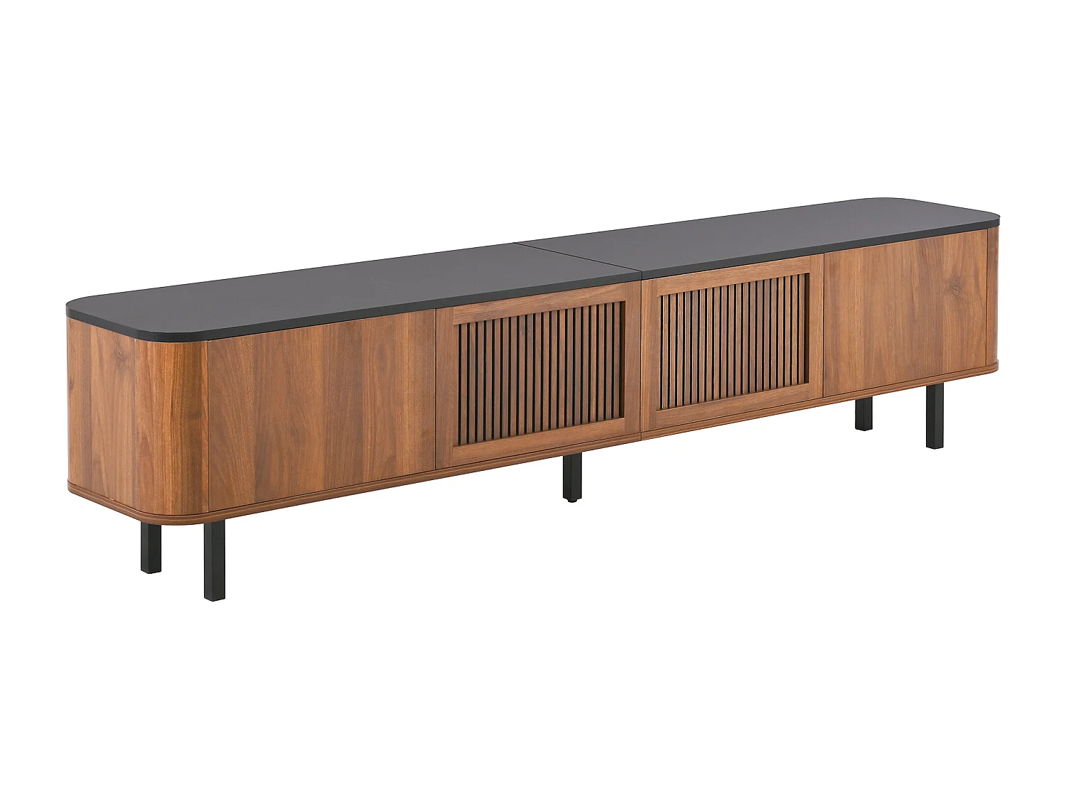 Meuble TV avec 4 portes 190 x 35 x 45 cm - Plateau en noir - Couleur bois foncé