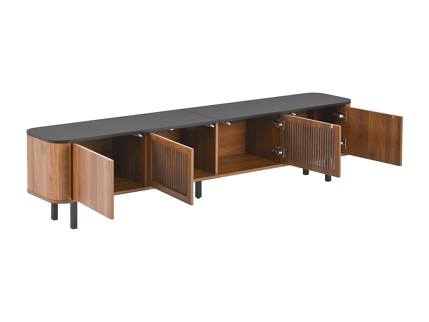 Meuble TV avec 4 portes 190 x 35 x 45 cm - Plateau en noir - Couleur bois foncé