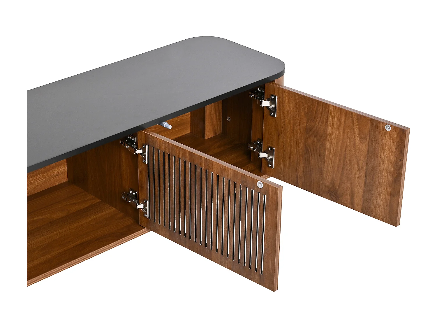 Meuble TV avec 4 portes 190 x 35 x 45 cm - Plateau en noir - Couleur bois foncé